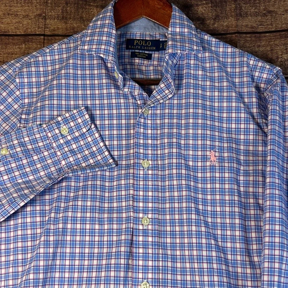 Polo Ralph Lauren Mens Slim Fit Plaid Button Down Shirt Blue Pink White Small